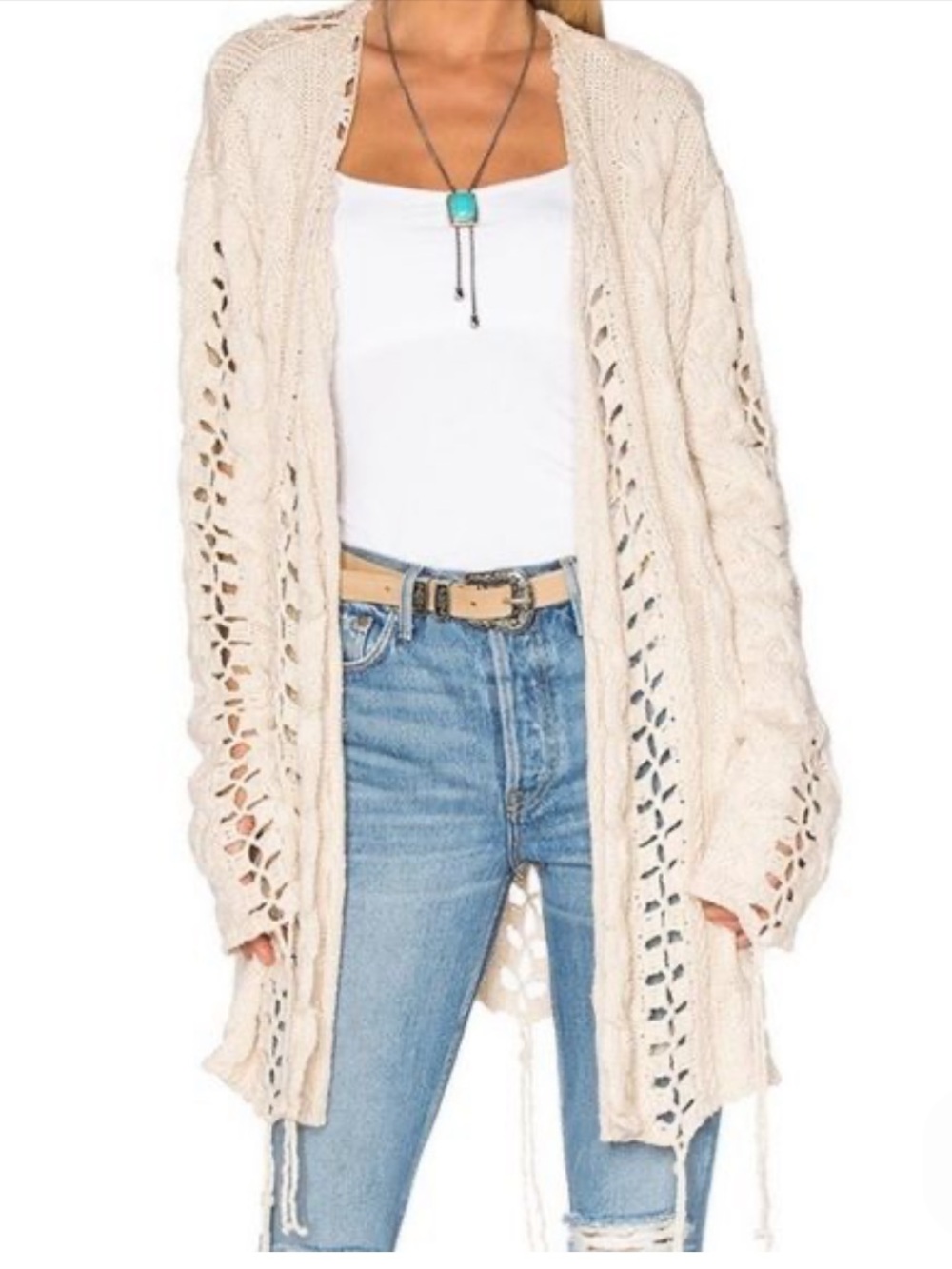 For Love And Lemons long Cream cable knit cardigan front ties size extra small